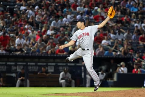 Jun 18, 2015; Atlanta, GA, USA; Boston Red Sox relief pitcher Koji Uehara (19) throws a pitch against the Atlanta Braves in the ninth inning at Turner Field. The Red Sox defeated the Braves 5-2. Mandatory Credit: Brett Davis-USA TODAY Sports