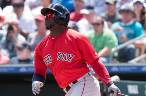 Mar 22, 2016; Jupiter, FL, USA; Boston Red Sox right fielder Rusney Castillo (38) at bat against the Miami Marlins during a spring training game at Roger Dean Stadium. Mandatory Credit: Steve Mitchell-USA TODAY Sports