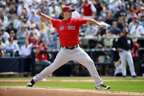 Mar 5, 2016; Tampa, FL, USA; Boston Red Sox starting pitcher Steven Wright (35) throws a pitch during the first inning against the New York Yankees at George M. Steinbrenner Field. Mandatory Credit: Kim Klement-USA TODAY Sports