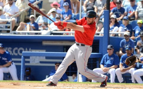 Mar 11, 2016; Dunedin, FL, USA; Boston Red Sox infielder Travis Shaw (47) singles in the first inning of the spring training game against the Toronto Blue Jays at Florida Auto Exchange Park. Mandatory Credit: Jonathan Dyer-USA TODAY Sports