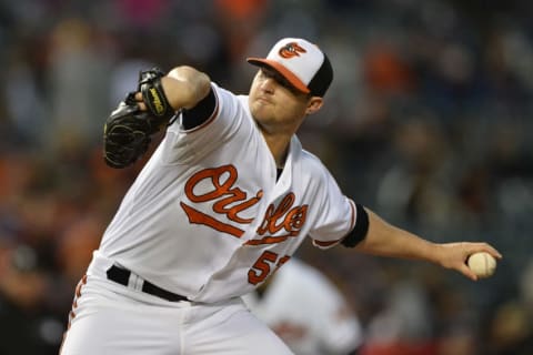 Oct 4, 2015; Baltimore, MD, USA; Baltimore Orioles relief pitcher Zach Britton (53) pitches during the ninth inning against the New York Yankees at Oriole Park at Camden Yards. The Orioles won 9-4. Mandatory Credit: Tommy Gilligan-USA TODAY Sports