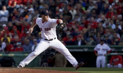 Apr 11, 2016; Boston, MA, USA; Boston Red Sox relief pitcher Craig Kimbrel (46) throws a pitch against the Baltimore Orioles in the ninth inning at Fenway Park. Mandatory Credit: David Butler II-USA TODAY Sports