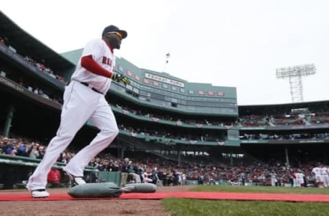 Apr 11, 2016; Boston, MA, USA; Boston Red Sox designated hitter David Ortiz (34) takes the field before the Red Sox home opener against the Baltimore Orioles at Fenway Park. Mandatory Credit: David Butler II-USA TODAY Sports