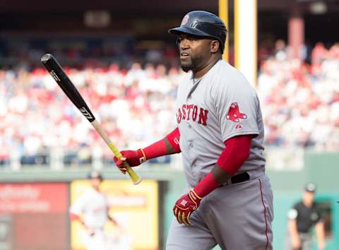 Apr 6, 2015; Philadelphia, PA, USA; Boston Red Sox designated hitter David Ortiz (34) walks away from the plate after an out against the Philadelphia Phillies during opening day at Citizens bank Park. The Red Sox won 8-0. Mandatory Credit: Bill Streicher-USA TODAY Sports