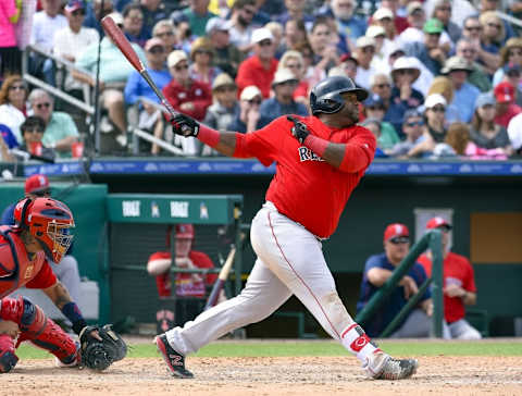 Mar 21, 2016; Jupiter, FL, USA; Boston Red Sox third baseman Pablo Sandoval (48) connects for an rbi base hit against the St. Louis Cardinals during the game at Roger Dean Stadium. The Red Sox defeated the Cardinals 4-3. Mandatory Credit: Scott Rovak-USA TODAY Sports