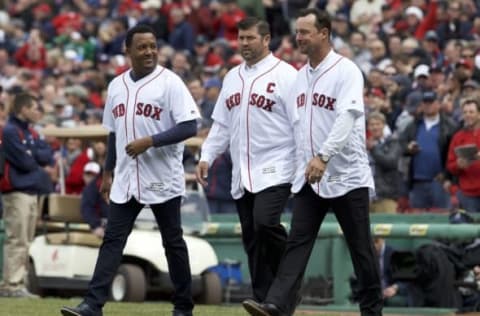 Apr 11, 2016; Boston, MA, USA; Boston Red Sox former players Pedro Mart nez and Jason Varitek and Tim Wakefield take the field before the Red Sox home opener against the Baltimore Orioles at Fenway Park. Mandatory Credit: David Butler II-USA TODAY Sports