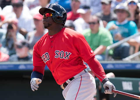 Mar 22, 2016; Jupiter, FL, USA; Boston Red Sox right fielder Rusney Castillo (38) at bat against the Miami Marlins during a spring training game at Roger Dean Stadium. Mandatory Credit: Steve Mitchell-USA TODAY Sports