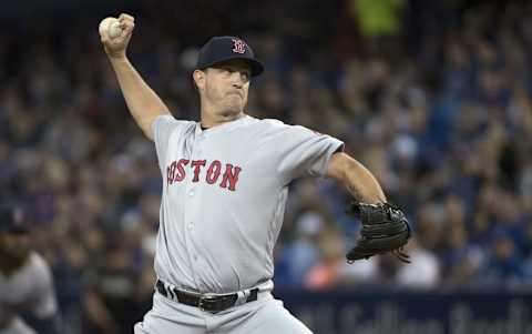 Apr 10, 2016; Toronto, Ontario, CAN; Boston Red Sox starting pitcher Steven Wright (35) throws a pitch during the first inning in a game against the Toronto Blue Jays at Rogers Centre. Mandatory Credit: Nick Turchiaro-USA TODAY Sports