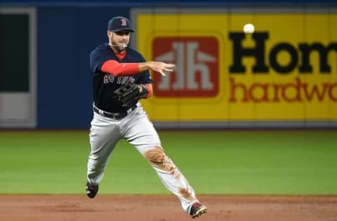 Apr 8, 2016; Toronto, Ontario, CAN; Boston Red Sox third baseman Travis Shaw (47) throws to first to force out Toronto Blue Jays center fielder Kevin Pillar (not pictured) in the third inning at Rogers Centre. Mandatory Credit: Dan Hamilton-USA TODAY Sports