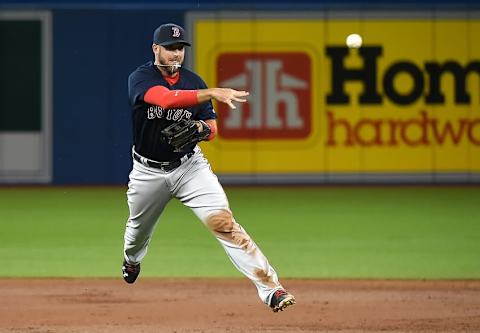 Apr 8, 2016; Toronto, Ontario, CAN; Boston Red Sox third baseman Travis Shaw (47) throws to first to force out Toronto Blue Jays center fielder Kevin Pillar (not pictured) in the third inning at Rogers Centre. Mandatory Credit: Dan Hamilton-USA TODAY Sports