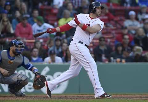 Apr 17, 2016; Boston, MA, USA; Boston Red Sox third baseman Travis Shaw (47) hits a two run home run during the ninth inning against the Toronto Blue Jays at Fenway Park. Mandatory Credit: Bob DeChiara-USA TODAY Sports