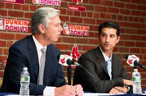 Sep 24, 2015; Boston, MA, USA; Boston Red Sox president of baseball operations Dave Dombrowski (left) introduces Mike Hazen (right) as the team