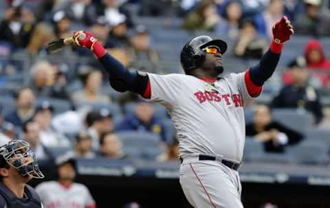 May 7, 2016; Bronx, NY, USA; Boston Red Sox designated hitter David Ortiz (34) hits to center field for an out in the ninth inning against the New York Yankees at Yankee Stadium. Mandatory Credit: Noah K. Murray-USA TODAY Sports