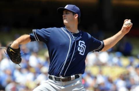 May 1, 2016; Los Angeles, CA, USA; San Diego Padres starting pitcher Drew Pomeranz (13) throws in the first inning against Los Angeles Dodgers at Dodger Stadium. Mandatory Credit: Gary A. Vasquez-USA TODAY Sports