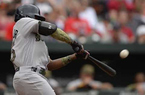 May 30, 2016; Baltimore, MD, USA; Boston Red Sox center fielder Jackie Bradley Jr. (25) hits a solo home run during the sixth inning against the Baltimore Orioles at Oriole Park at Camden Yards. The Red Sox won 7-2. Mandatory Credit: Tommy Gilligan-USA TODAY Sports