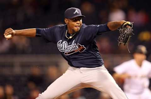 May 18, 2016; Pittsburgh, PA, USA; Atlanta Braves starting pitcher Julio Teheran (49) pitches against the Pittsburgh Pirates during the eighth inning at PNC Park. The Braves won 3-1. Mandatory Credit: Charles LeClaire-USA TODAY Sports