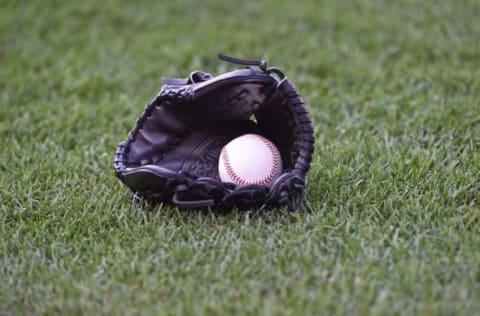 Aug 7, 2015; Kansas City, MO, USA; A general view of a baseball and glove prior to a game between the Kansas City Royals and the Chicago White Sox at Kauffman Stadium. Mandatory Credit: Peter G. Aiken-USA TODAY Sports