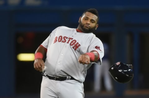 Apr 9, 2016; Toronto, Ontario, CAN; Boston Red Sox third baseman Pablo Sandoval (48) throws his helmet away after being forced out at second base in the seventh inning against Toronto Blue Jays at Rogers Centre. Mandatory Credit: Dan Hamilton-USA TODAY Sports