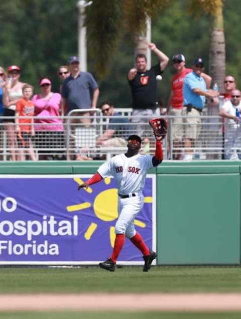 Mar 28, 2016; Fort Myers, FL, USA; Boston Red Sox right fielder Rusney Castillo (38) catches a fly ball at JetBlue Park. Mandatory Credit: Kim Klement-USA TODAY Sports