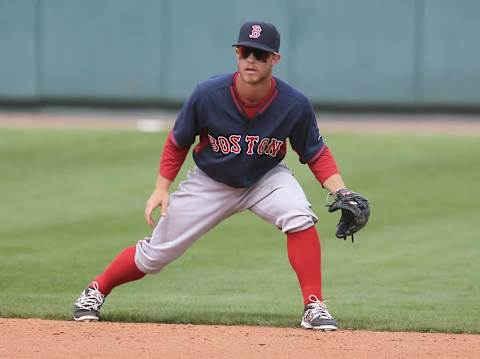 Mar 12, 2015; Bradenton, FL, USA; Boston Red Sox shortstop Sean Coyle (80) waits for the ball during a spring training baseball game at McKechnie Field. The Boston Red Sox beat the Pittsburgh Pirates 6-2. Mandatory Credit: Reinhold Matay-USA TODAY Sports