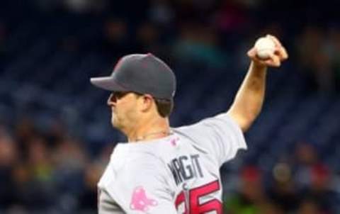 May 8, 2016; Bronx, NY, USA; Boston Red Sox starting pitcher Steven Wright (35) pitches against the New York Yankees in the ninth inning on his way to a complete game victory at Yankee Stadium. The Red Sox won 5-1. Mandatory Credit: Andy Marlin-USA TODAY Sports