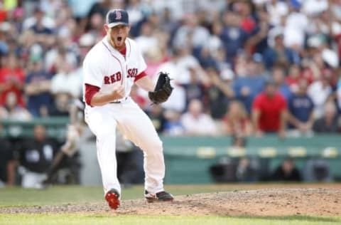 Jun 23, 2016; Boston, MA, USA; Boston Red Sox pitcher Craig Kimbrel (46) reacts after striking out Chicago White Sox right fielder Adam Eaton (not pictured) during the tenth inning at Fenway Park. Mandatory Credit: Greg M. Cooper-USA TODAY Sports