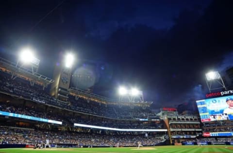 May 21, 2016; San Diego, CA, USA; San Diego Padres starting pitcher Cesar Vargas (49) pitches to Los Angeles Dodgers first baseman Adrian Gonzalez (23) during the fourth inning at Petco Park. Mandatory Credit: Jake Roth-USA TODAY Sports