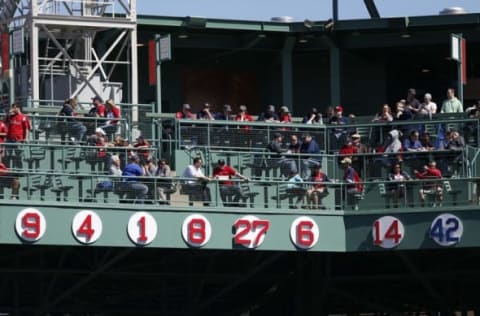 Apr 15, 2015; Boston, MA, USA; The number 42 hangs on the right field wall along with other numbers retired by the Boston Red Sox in honor of Jackie Robinson during the second inning against the Washington Nationals at Fenway Park. Mandatory Credit: Greg M. Cooper-USA TODAY Sports