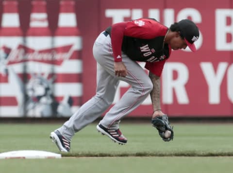 Jul 12, 2015; Cincinnati, OH, USA; World infielder Rafael Devers grabs a ground ball against the U.S. Team during the All Star Futures Game at Great American Ballpark. Mandatory Credit: David Kohl-USA TODAY Sports