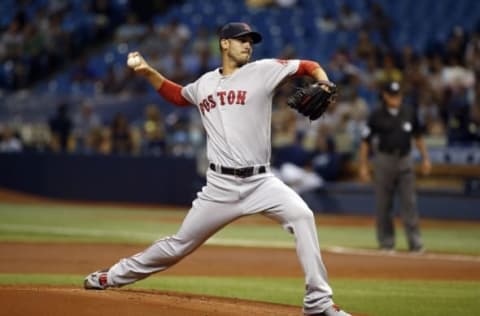 Jun 28, 2016; St. Petersburg, FL, USA; Boston Red Sox starting pitcher Rick Porcello (22) throws a pitch during the first inning against the Tampa Bay Rays at Tropicana Field. Mandatory Credit: Kim Klement-USA TODAY Sports