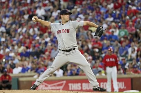 Jun 25, 2016; Arlington, TX, USA; Boston Red Sox starting pitcher Steven Wright (35) throws during the first inning against the Texas Rangers at Globe Life Park in Arlington. Mandatory Credit: Kevin Jairaj-USA TODAY Sports