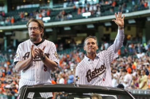 Aug 15, 2015; Houston, TX, USA; Houston Astros former players Jeff Bagwell (left) and Craig Biggio (right) before a game against the Detroit Tigers at Minute Maid Park. Mandatory Credit: Troy Taormina-USA TODAY Sports