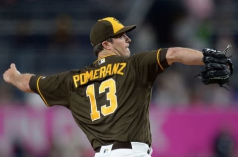 Jun 3, 2016; San Diego, CA, USA; San Diego Padres starting pitcher Drew Pomeranz (13) pitches during the second inning against the Colorado Rockies at Petco Park. Mandatory Credit: Jake Roth-USA TODAY Sports