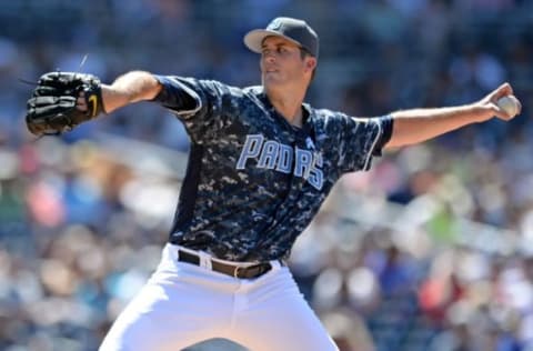 Jun 19, 2016; San Diego, CA, USA; San Diego Padres starting pitcher Drew Pomeranz (13) pitches during the sixth inning against the Washington Nationals at Petco Park. Mandatory Credit: Jake Roth-USA TODAY Sports