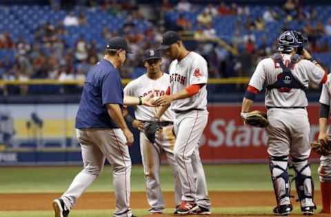 John Farrell takes out starting pitcher Eduardo Rodriguez (52) Credit: Kim Klement-USA TODAY Sports