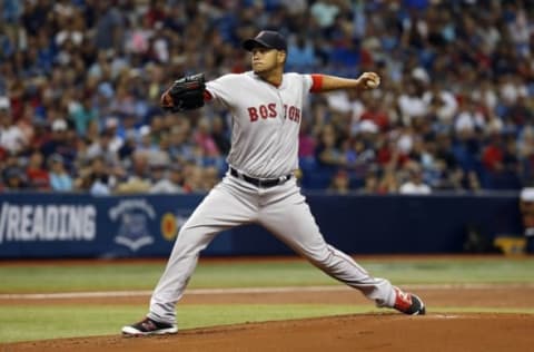 Jun 27, 2016; St. Petersburg, FL, USA; Boston Red Sox starting pitcher Eduardo Rodriguez (52) throws a pitch during the first inning against the Tampa Bay Rays at Tropicana Field. Mandatory Credit: Kim Klement-USA TODAY Sports