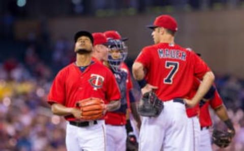 Jul 15, 2016; Minneapolis, MN, USA; Minnesota Twins starting pitcher Ervin Santana (54) reacts to being pulled in the sixth inning against the Cleveland Indians at Target Field. Mandatory Credit: Brad Rempel-USA TODAY Sports