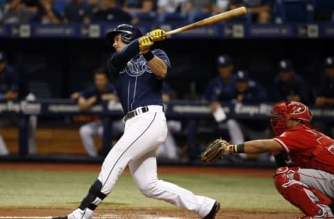 Jul 5, 2016; St. Petersburg, FL, USA; Tampa Bay Rays third baseman Evan Longoria (3) singles during the first inning against the Los Angeles Angels at Tropicana Field. Mandatory Credit: Kim Klement-USA TODAY Sports