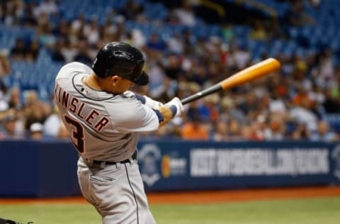 Jun 30, 2016; St. Petersburg, FL, USA; Detroit Tigers second baseman Ian Kinsler (3) at bat against the Tampa Bay Rays at Tropicana Field. Detroit Tigers defeated the Tampa Bay Rays 10-7. Mandatory Credit: Kim Klement-USA TODAY Sports