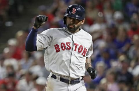 Jun 25, 2016; Arlington, TX, USA; Boston Red Sox center fielder Jackie Bradley Jr. (25) reacts after scoring during the fifth inning against the Texas Rangers at Globe Life Park in Arlington. Mandatory Credit: Kevin Jairaj-USA TODAY Sports