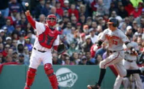 Boston, MA, USA; Boston Red Sox catcher Sandy Leon (3) throws to first base to complete a double play at Fenway Park. Credit: Winslow Townson-USA TODAY Sports