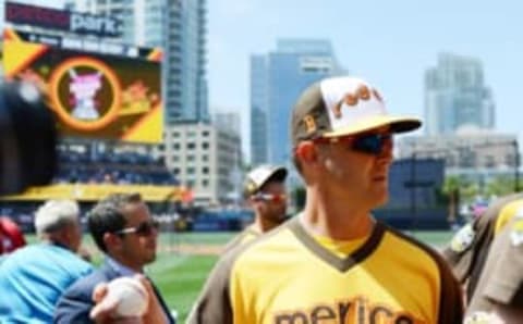 Jul 11, 2016; San Diego, CA, USA; American League pitcher Steven Wright (35) of the Boston Red Sox walks off the field after workout day before the MLB All Star Game at PetCo Park. Mandatory Credit: Jake Roth-USA TODAY Sports