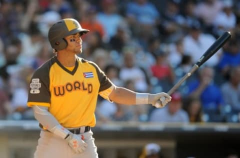 Jul 10, 2016; San Diego, CA, USA; World batter Yoan Moncada at bat in the 6th inning during the All Star Game futures baseball game at PetCo Park. Mandatory Credit: Gary A. Vasquez-USA TODAY Sports