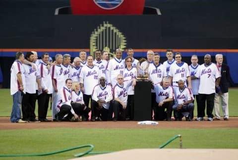 May 28, 2016; New York City, NY, USA; Members of the New York Mets 1986 World Series Championship team pose for a photo during a pregame ceremony honoring them prior to the game against the Los Angeles Dodgers at Citi Field. Mandatory Credit: Andy Marlin-USA TODAY Sports