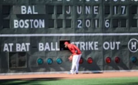 Jun 17, 2016; Boston, MA, USA; Boston Red Sox left fielder Rusney Castillo (38) peeks inside the green monster prior to a game against the Seattle Mariners at Fenway Park. Mandatory Credit: Bob DeChiara-USA TODAY Sports