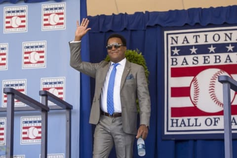 Jul 24, 2016; Cooperstown, NY, USA; Hall of Famer Pedro Martinez waves after being introduced during the 2016 MLB baseball hall of fame induction ceremony at Clark Sports Center. Mandatory Credit: Gregory J. Fisher-USA TODAY Sports