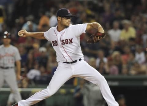 Jul 25, 2016; Boston, MA, USA; Boston Red Sox relief pitcher Joe Kelly (56) pitches during the seventh inning against the Detroit Tigers at Fenway Park. Mandatory Credit: Bob DeChiara-USA TODAY Sports