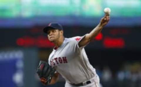 Aug 1, 2016; Seattle, WA, USA; Boston Red Sox starting pitcher Eduardo Rodriguez (52) throws against the Seattle Mariners during the third inning at Safeco Field. Mandatory Credit: Joe Nicholson-USA TODAY Sports