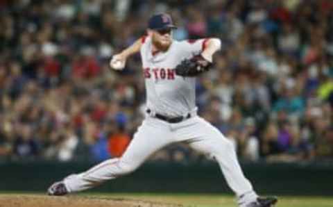 Aug 1, 2016; Seattle, WA, USA; Boston Red Sox relief pitcher Craig Kimbrel (46) throws against the Seattle Mariners at Safeco Field. Boston defeated Seattle, 2-1. Mandatory Credit: Joe Nicholson-USA TODAY Sports