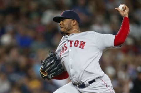 Aug 4, 2016; Seattle, WA, USA; Boston Red Sox relief pitcher Fernando Abad (43) throws against the Seattle Mariners during the ninth inning at Safeco Field. Mandatory Credit: Joe Nicholson-USA TODAY Sports